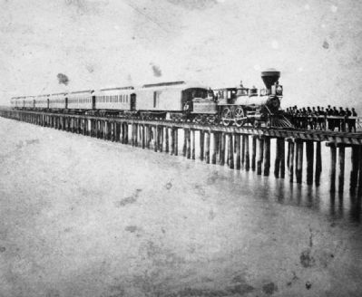 Passenger train of the Central Pacific Railroad on the Oakland Wharf image. Click for full size.