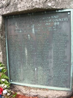 Memorial to Our Sons and Daughters Who Served Their Country in the World War 1914-1918 Marker. Click for full size. Memorial to Our Sons and Daughters Who Served Their Country in the World War 1914-1918 Marker image. Click for full size.