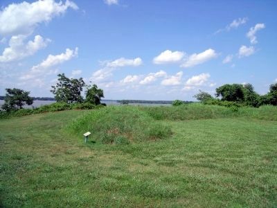 Civil War earthworks on the bluff above. image. Click for full size.