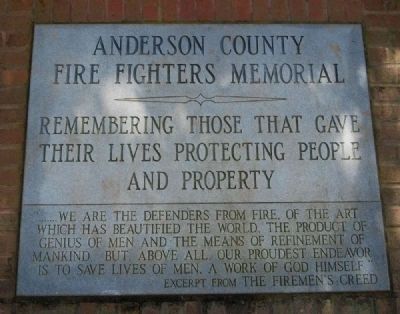 Anderson County Fire Fighters Memorial Marker. Click for full size. Anderson County Fire Fighters Memorial Marker image. Click for full size.