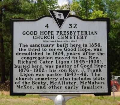 Good Hope Presbyterian Church Cemetery Marker - Reverse image. Click for full size.