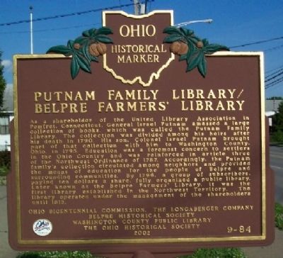 Putnam Family Library / Belpre Farmers' Library Marker image. Click for full size.