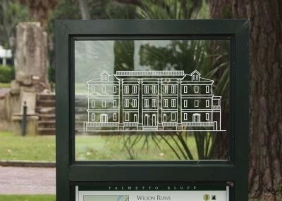 Plexiglass etching of the Palmetto Bluff Mansion atop marker image. Click for full size.