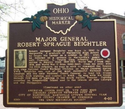 Major General Robert Sprague Beightler Marker (Side A). Click for full size. Major General Robert Sprague Beightler Marker (Side A) image. Click for full size.