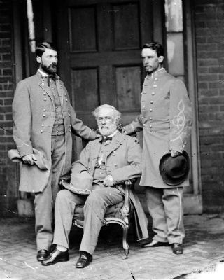Robert E. Lee with son Custis (left) and aide Walter H. Taylor (right). image. Click for full size.