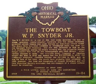 The Towboat W. P. Snyder Jr. Marker (Side A). Click for full size. The Towboat W. P. Snyder Jr. Marker (Side A) image. Click for full size.