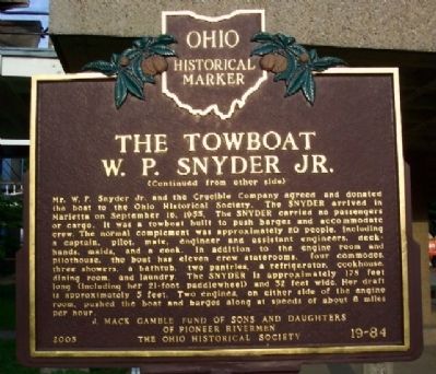 The Towboat W. P. Snyder Jr. Marker (Side B). Click for full size. The Towboat W. P. Snyder Jr. Marker (Side B) image. Click for full size.