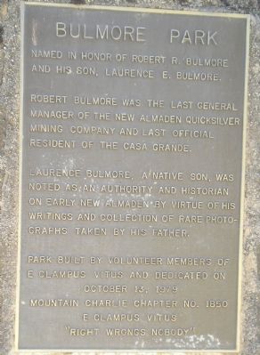 Bulmore Park Historic Marker - New Almaden. Click for full size. Bulmore Park Historic Marker - New Almaden image. Click for full size.