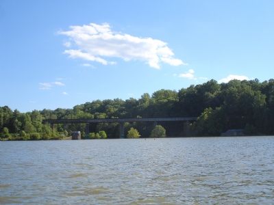View of modern bridge and dam from middle of Lake Accotink image. Click for full size.