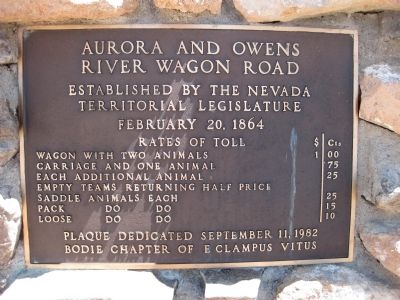 Aurora and Owens River Wagon Road Marker. Click for full size. Aurora and Owens River Wagon Road Marker image. Click for full size.