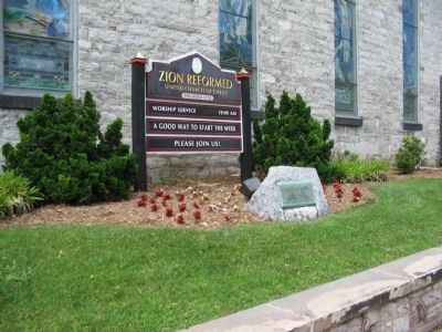 Marker in front of the Zion Evangelical and Reformed Church image. Click for full size.