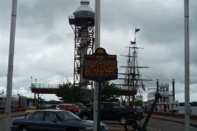 Captain Daniel Dobbins Marker with the brig <i>Niagara</i> visible at its berth in background image. Click for full size.