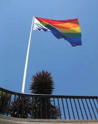 The Rainbow Flag as seen from the lower level of Harvey Milk Plaza. Click for full size. The Rainbow Flag as seen from the lower level of Harvey Milk Plaza image. Click for full size.