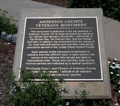 Anderson County Veterans Monument Marker. Click for full size. Anderson County Veterans Monument Marker image. Click for full size.