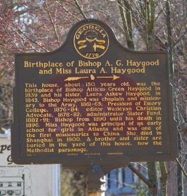 Birthplace of Bishop A. G. Haygood and Miss Laura A. Haygood Marker image. Click for full size.