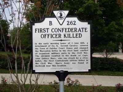 First Confederate Officer Killed Marker image. Click for full size.