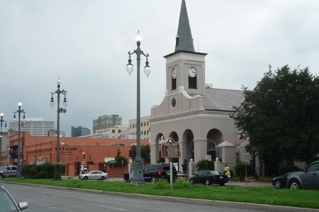 The Old Mortuary Chapel Marker in median at far left, in front of Our Lady of Guadlupe Church. Click for full size. The Old Mortuary Chapel Marker in median at far left, in front of Our Lady of Guadlupe Church image. Click for full size.