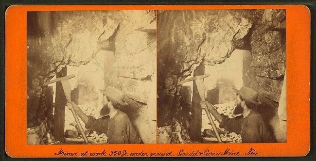 Miner at work, 350 ft. Underground, Gould & Curry Mine, Nev.. Click for full size. Miner at work, 350 ft. Underground, Gould & Curry Mine, Nev. image. Click for full size.