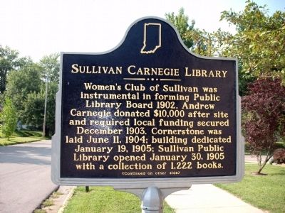 Side A - - Sullivan Carnegie Library Marker. Click for full size. Side A - - Sullivan Carnegie Library Marker image. Click for full size.