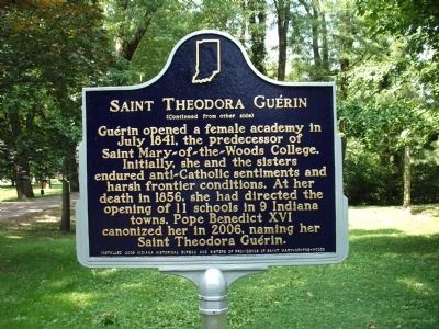 Side B - - Saint Theodora Guerin Marker. Click for full size. Side B - - Saint Theodora Guerin Marker image. Click for full size.