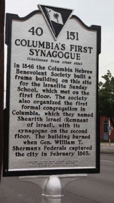 Columbia's First Synagogue Marker image. Click for full size.