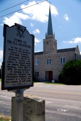 Tomb of Dr. E.L. Hazelius Marker -<br>St. Stephen's Lutheran Church in Background image. Click for full size.
