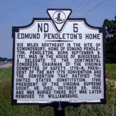 Edmund Pendleton's Home Marker image. Click for full size.