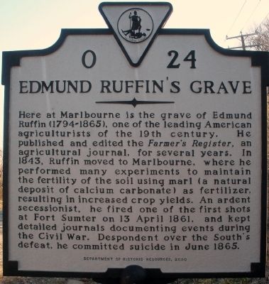 Edmund Ruffin's Grave Marker. Click for full size. Edmund Ruffin's Grave Marker image. Click for full size.