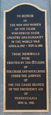 Fox Chase and Rockledge World War Memorial Marker image. Click for full size.