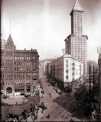 Intersection of 1st Avenue, James Street and Yesler Way (orignally, "Skid Road") - 1917. Click for full size. Intersection of 1st Avenue, James Street and Yesler Way (orignally, "Skid Road") - 1917 image. Click for full size.