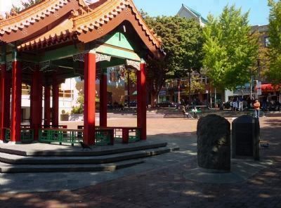 Hing Hay Park - Chinese Soldiers Memorial in background, against the wall beyond the pagoda - image. Click for full size.