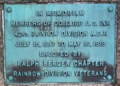 Company E, 166th Infantry, 42nd (Rainbow) Division World War Memorial Marker. Click for full size. Company E, 166th Infantry, 42nd (Rainbow) Division World War Memorial Marker image. Click for full size.