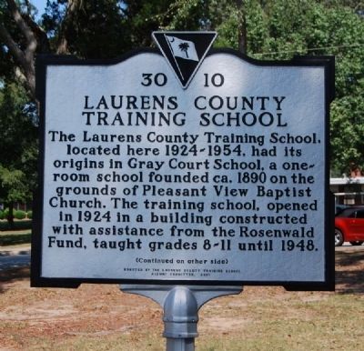 Laurens County Training School Marker - Front image. Click for full size.