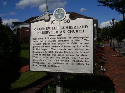 Greeneville Cumberland Presbyterian Church Marker. Click for full size. Greeneville Cumberland Presbyterian Church Marker image. Click for full size.