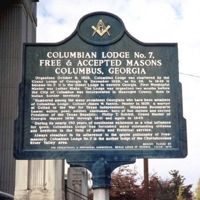 Columbian Lodge No. 7, Free & Accepted Masons Columbus, Georgia Marker image. Click for full size.