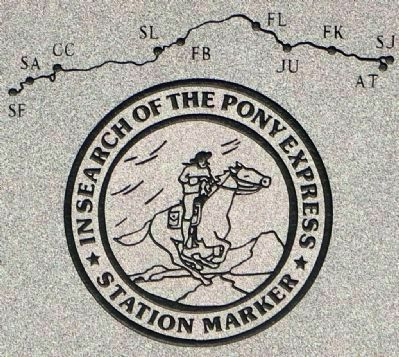 Close-Up of "In Search of the Pony Express" Emblem and Pony Express Trail Route on Marker. Click for full size. Close-Up of "In Search of the Pony Express" Emblem and Pony Express Trail Route on Marker image. Click for full size.