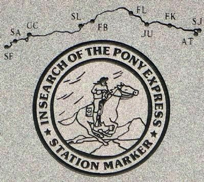 Close-Up of "In Search of the Pony Express" Emblem and Pony Express Trail Route on Marker image. Click for full size.