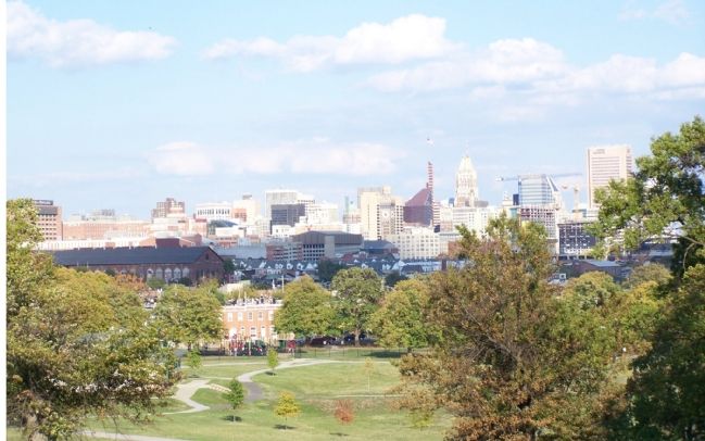 Carroll Park from the Mt. Clare Mansion with city skyline. image. Click for full size.