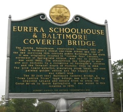 Eureka Schoolhouse & Baltimore Covered Bridge Marker. Click for full size. Eureka Schoolhouse & Baltimore Covered Bridge Marker image. Click for full size.