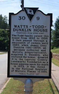 Watts-Todd-Dunklin House Marker - Reverse image. Click for full size.