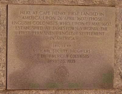 Cape Henry Memorial Marker - On the Base of the Memorial Cross, Erected in 1935. Click for full size. Cape Henry Memorial Marker - On the Base of the Memorial Cross, Erected in 1935 image. Click for full size.