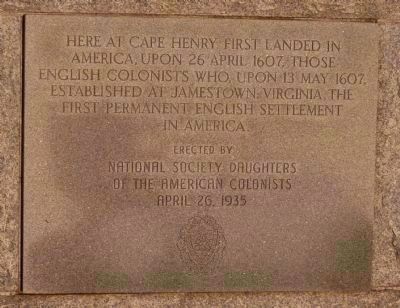 Cape Henry Memorial Marker - On the Base of the Memorial Cross, Erected in 1935 image. Click for full size.