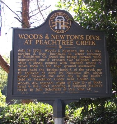 Wood's & Newton's Divs. at Peachtree Creek Marker. Click for full size. Wood's & Newton's Divs. at Peachtree Creek Marker image. Click for full size.