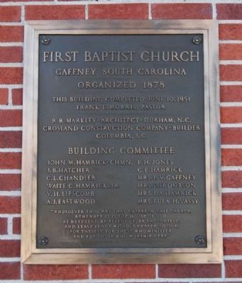 First Baptist Church Dedication Plaque image. Click for full size.