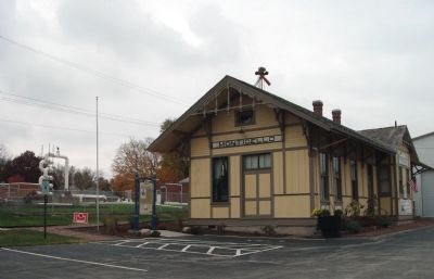 Long View - - Monticello Journeys Marker & "Wabash Depot" Museum. Click for full size. Long View - - Monticello Journeys Marker & "Wabash Depot" Museum image. Click for full size.