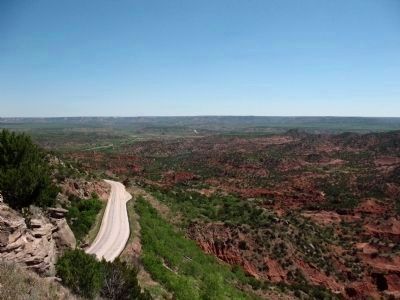 View of Palo Duro Canyon and Hamblen Drive snaking northwards from Roadside Park image. Click for full size.