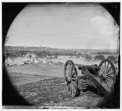View of city from Belle Isle; gun in foreground.. Click for full size. View of city from Belle Isle; gun in foreground. image. Click for full size.