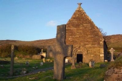 Kilmalkedar Church Ogham Stone (left) and Stone Cross image. Click for full size.
