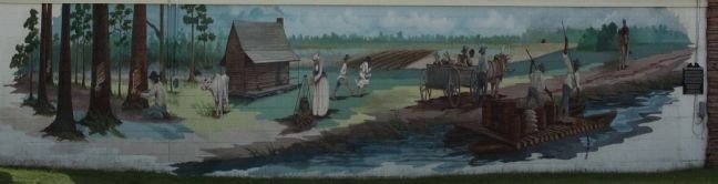 Puddin Swamp 1776 – The Frontier Mural, Artists: Dayton & Sandy Wodrich, Brenham, Texas. image. Click for full size.