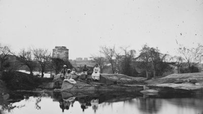 Ruins of Richmond & Petersburg Railroad Bridge from island in James River image. Click for full size.